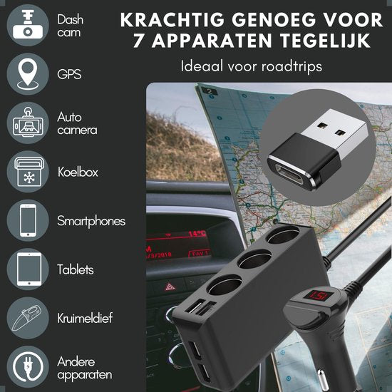 Auto Sigarettenaansteker Splitter - 12V USB Autolader Adapter - Met USB-C