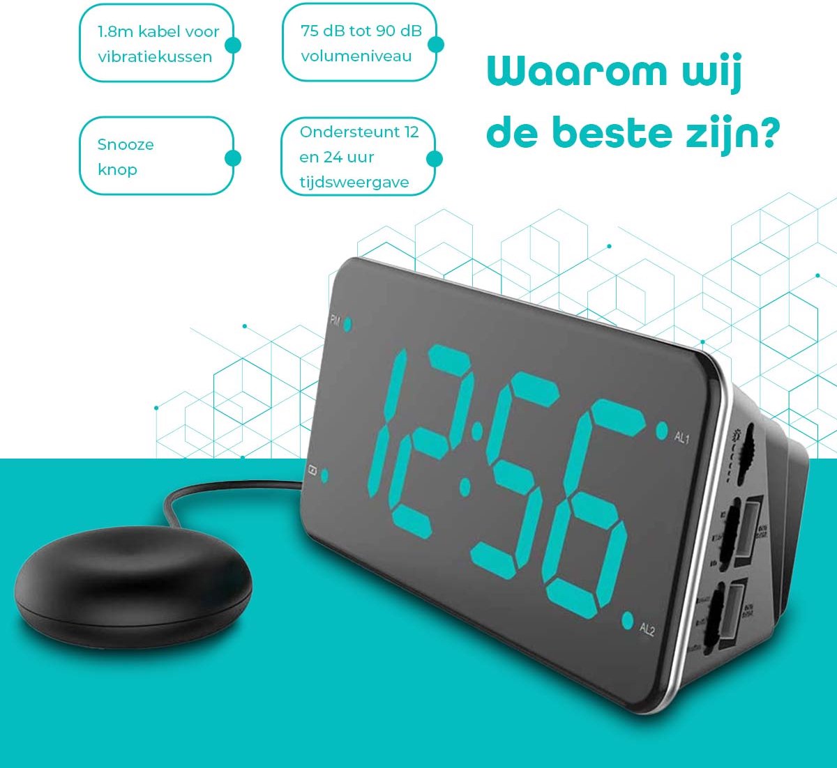 Wekkerradio met Trilkussen voor Slechthorenden / Doven / Diepe slapers - Wekker